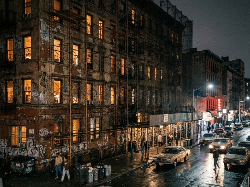 Tenement building with VHS glitch effect