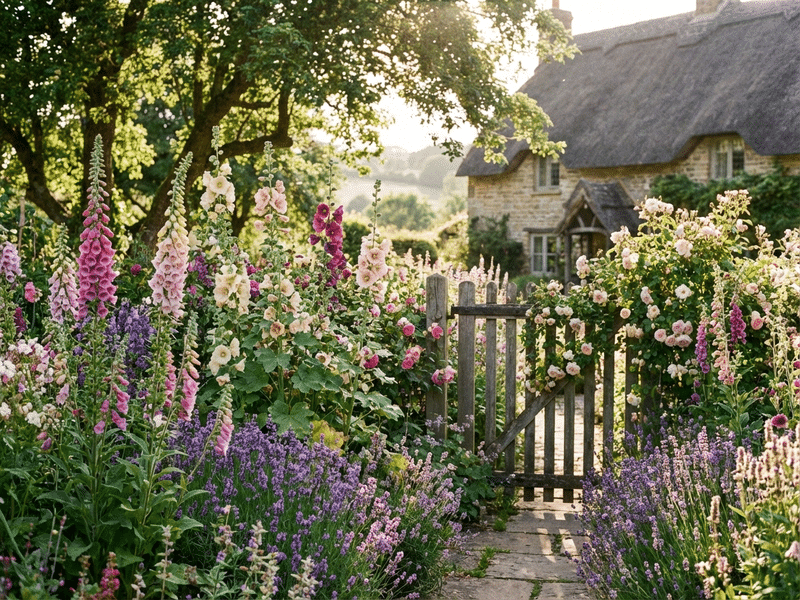 English cottage garden in soft morning light