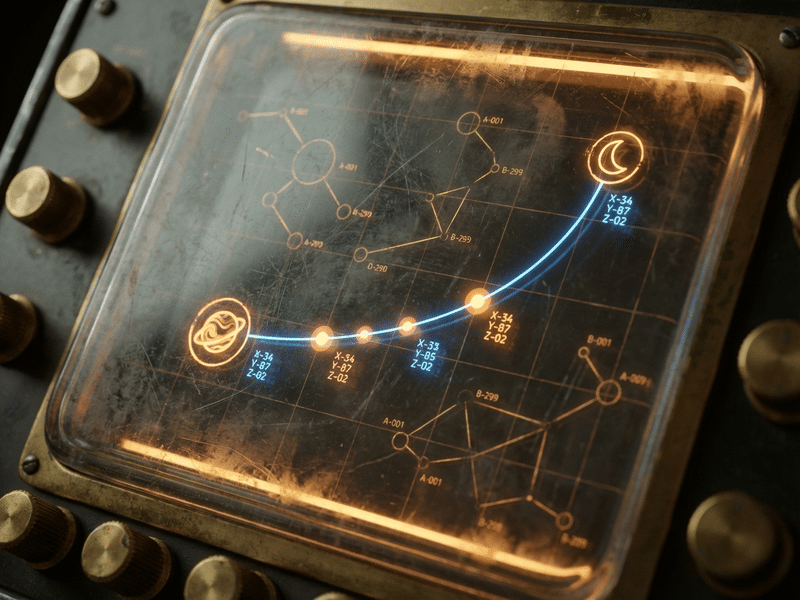 Navigation star chart with plotted route to moon