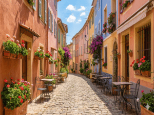 Charming European cobblestone street with cafes in daylight